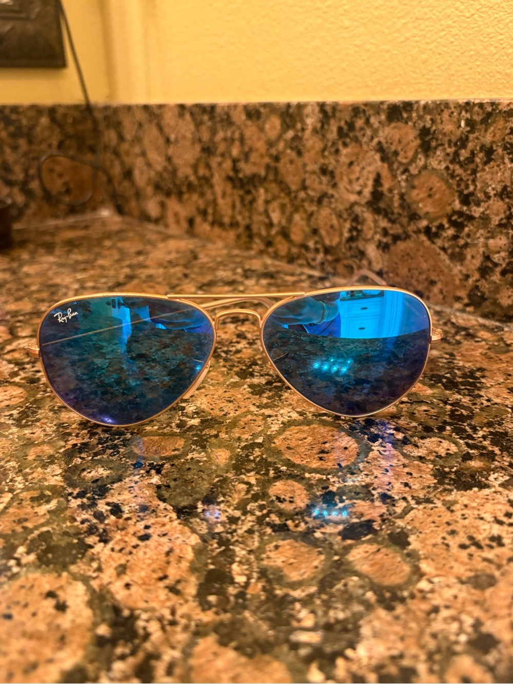 Ray-Ban Gold Frame Aviator Sunglasses with Blue Lenses